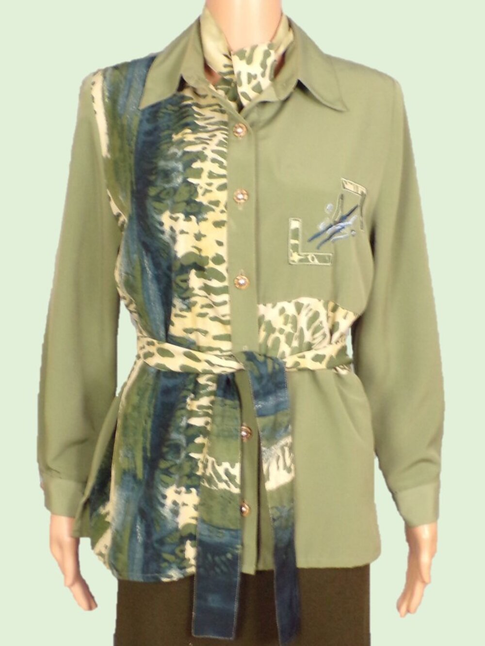 JORDANA size M green/blue/beige long-sleeve shirt/blouse camo pattern 100% poly